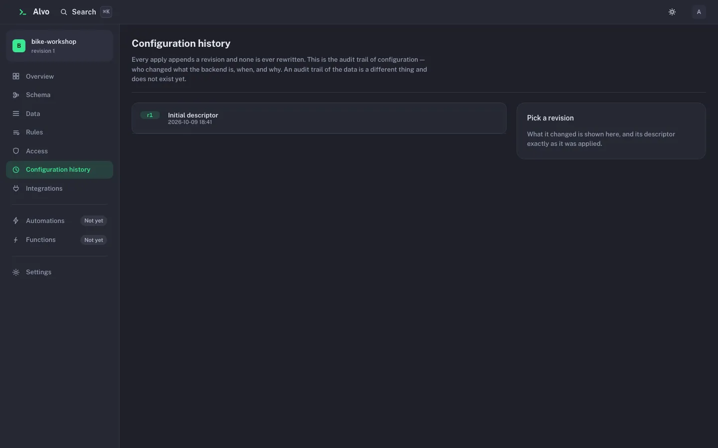 The Configuration history screen for the bike-workshop project: one revision, r1 Initial descriptor, and a note that an audit trail of the data does not exist yet.