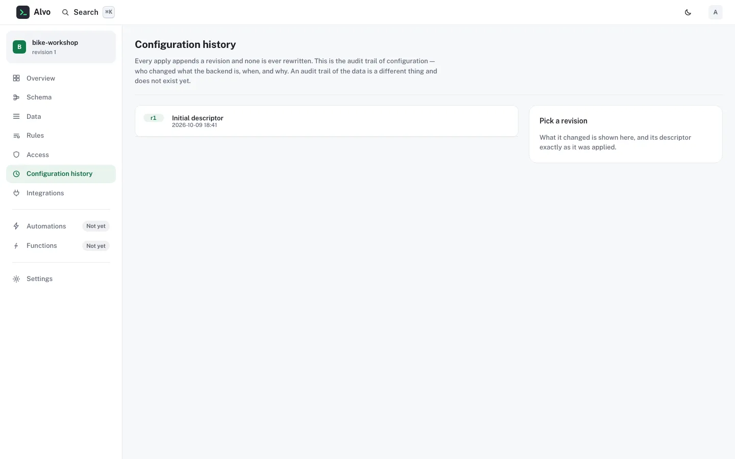 The Configuration history screen for the bike-workshop project: one revision, r1 Initial descriptor, and a note that an audit trail of the data does not exist yet.