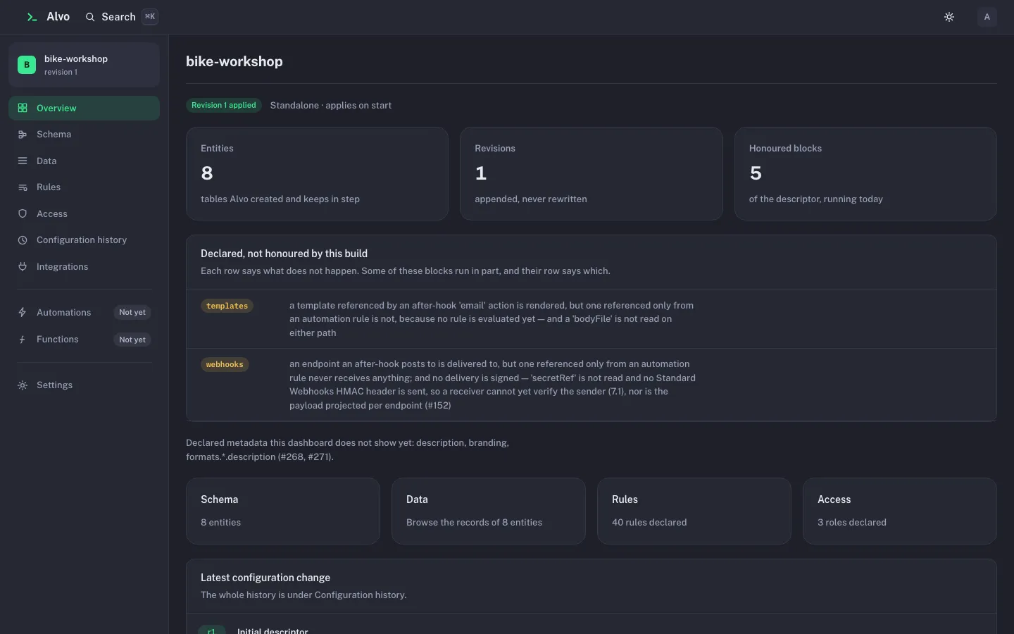 The Overview screen of the bike-workshop project: revision 1 applied, 8 entities, 1 revision, 5 honoured blocks, and a panel listing the declared blocks this build does not honour, templates and webhooks, each with the sentence saying what does not happen.