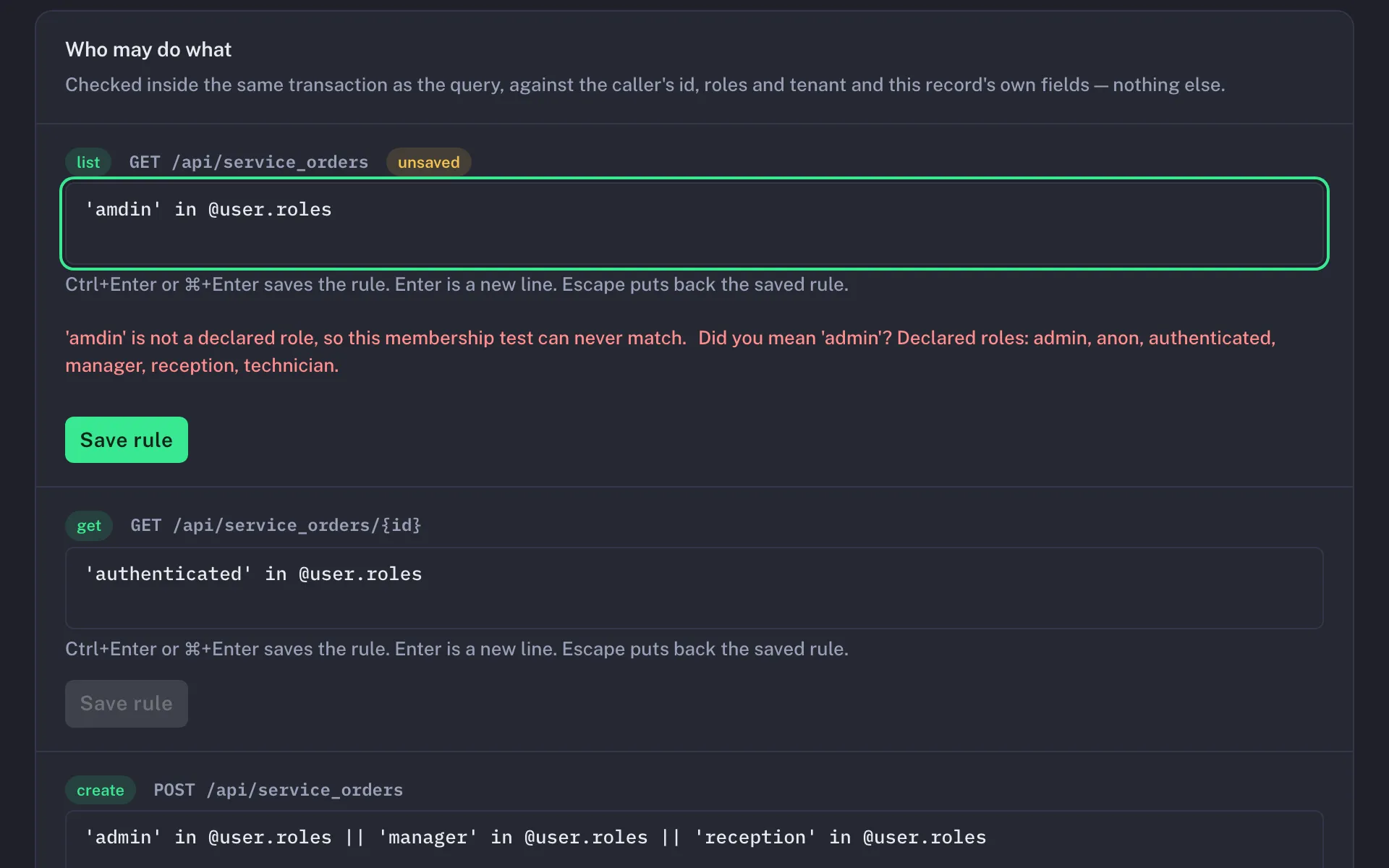 The dashboard's rules editor for the service_orders entity: the list rule has a typo, 'amdin' in @user.roles, and the live check under the box says 'amdin' is not a declared role and suggests 'admin'.