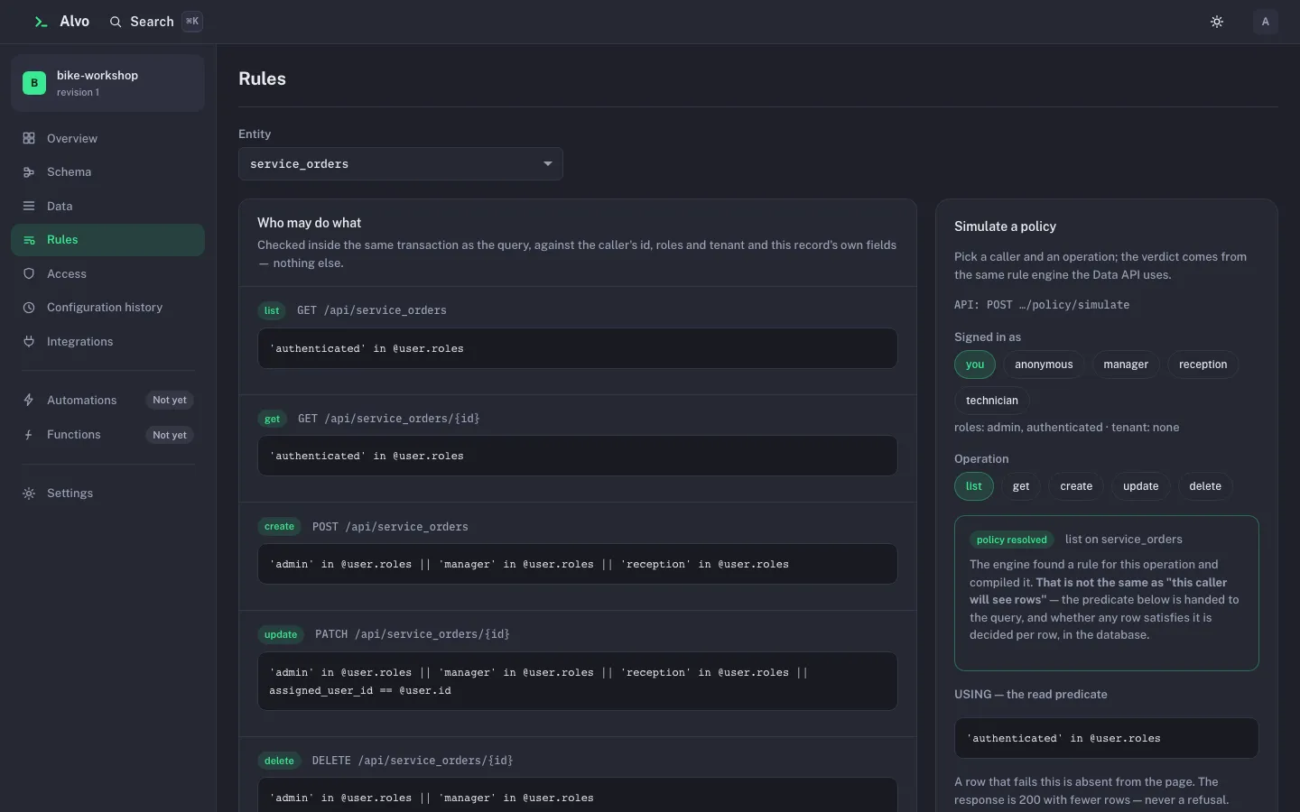 The Rules screen for service_orders: a CEL rule for list, get, create, update and delete, each beside its route, and a Simulate a policy panel with caller and operation choices and the resulting read predicate.