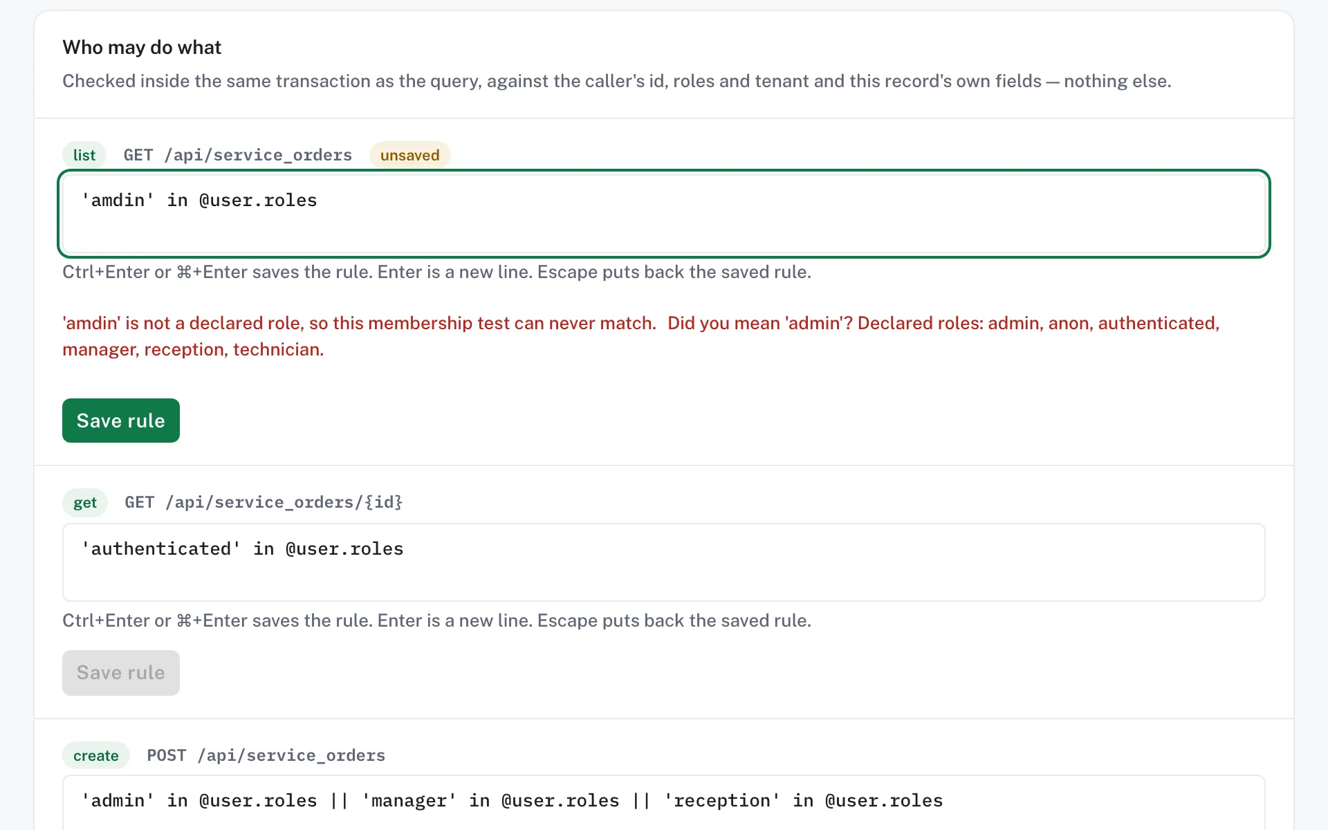 The dashboard's rules editor for the service_orders entity: the list rule has a typo, 'amdin' in @user.roles, and the live check under the box says 'amdin' is not a declared role and suggests 'admin'.