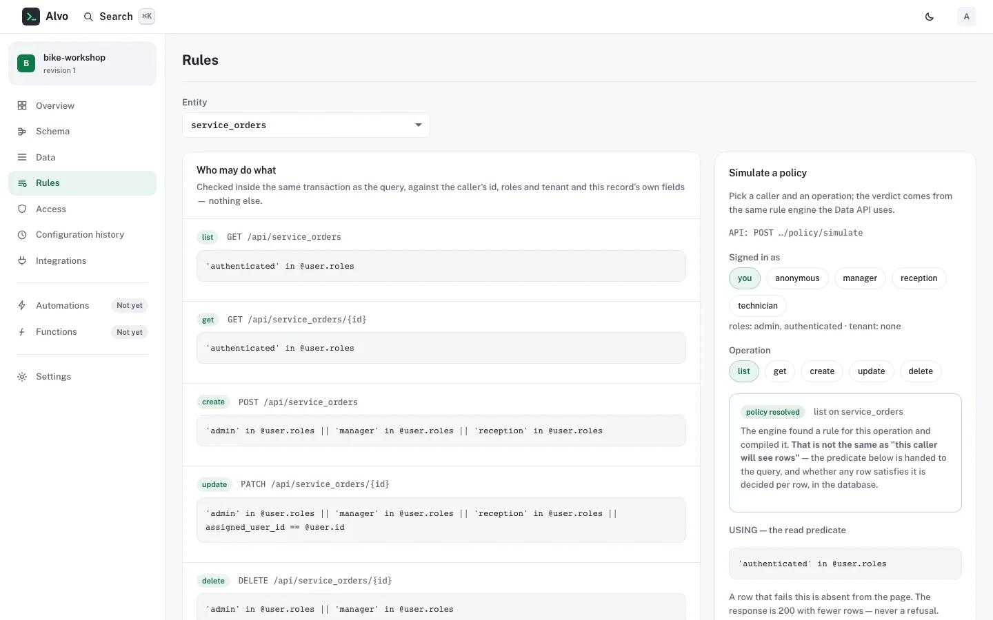 The Rules screen for service_orders: a CEL rule for list, get, create, update and delete, each beside its route, and a Simulate a policy panel with caller and operation choices and the resulting read predicate.