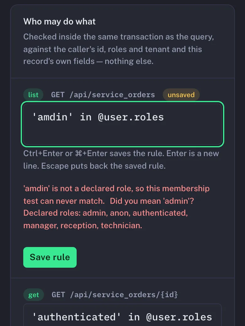 The same rule box and check on a phone-width screen: the misspelled role, the red explanation and the Save rule button.