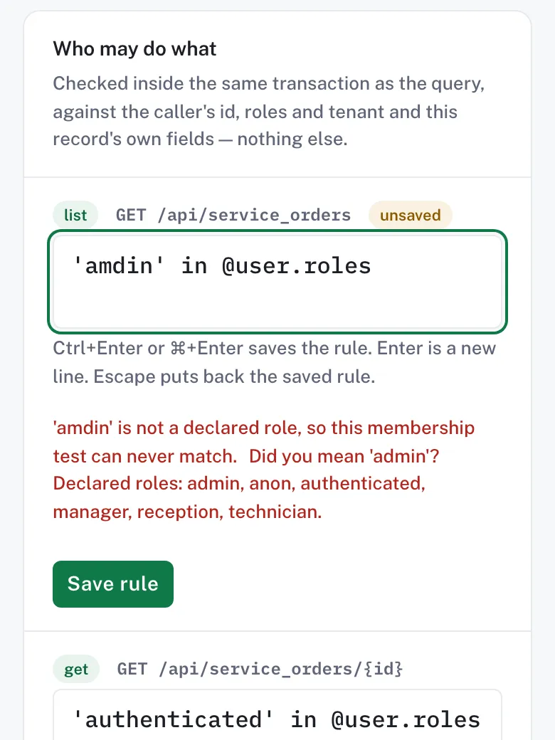 The same rule box and check on a phone-width screen: the misspelled role, the red explanation and the Save rule button.